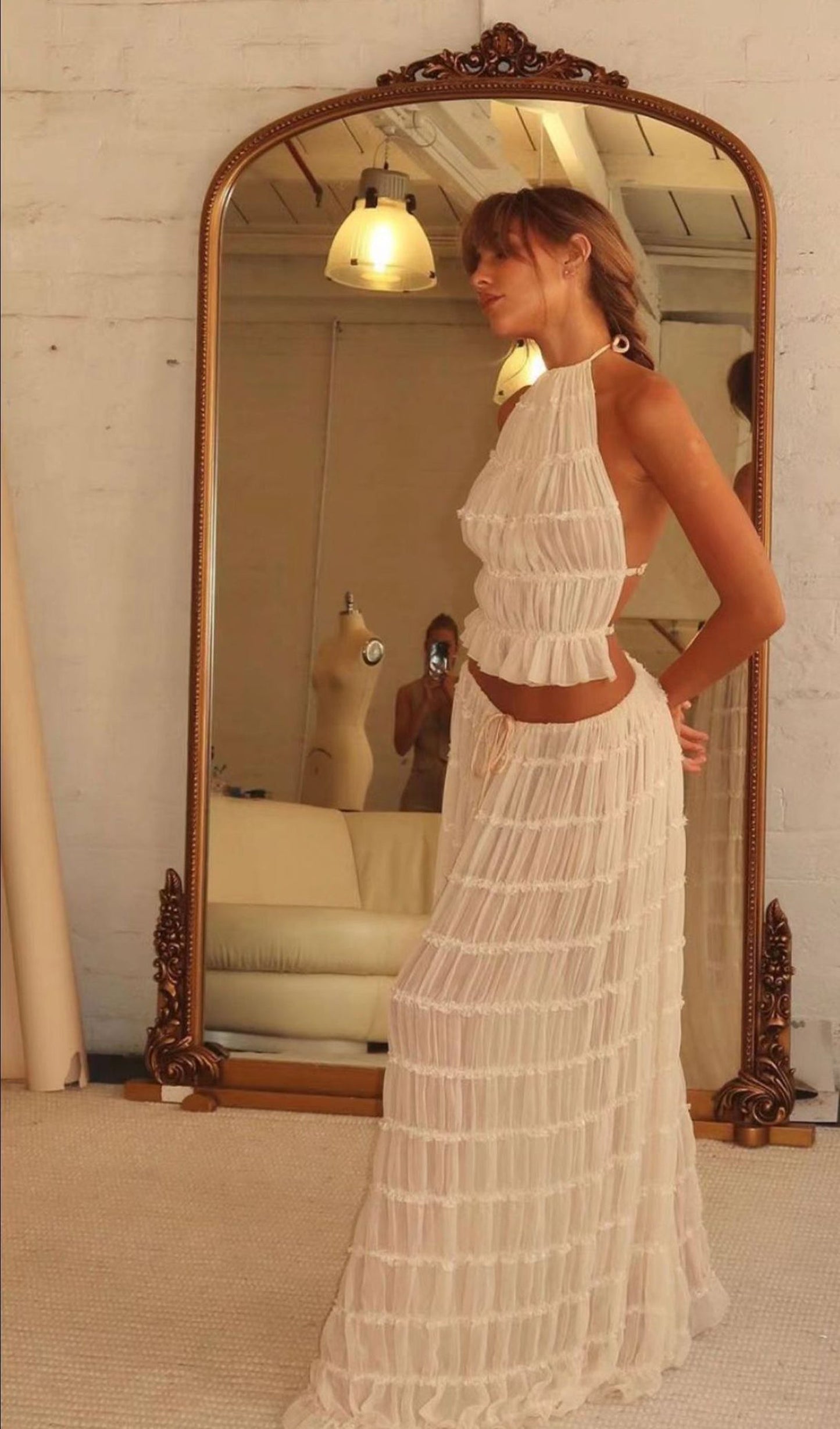 Halter Top & Ruched Detail Maxi Skirt Sets