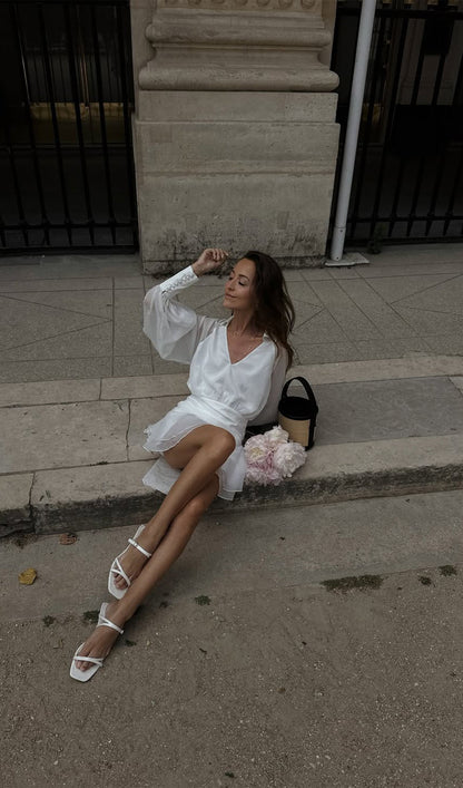Solid Lantern Sleeve Mini Dress In White