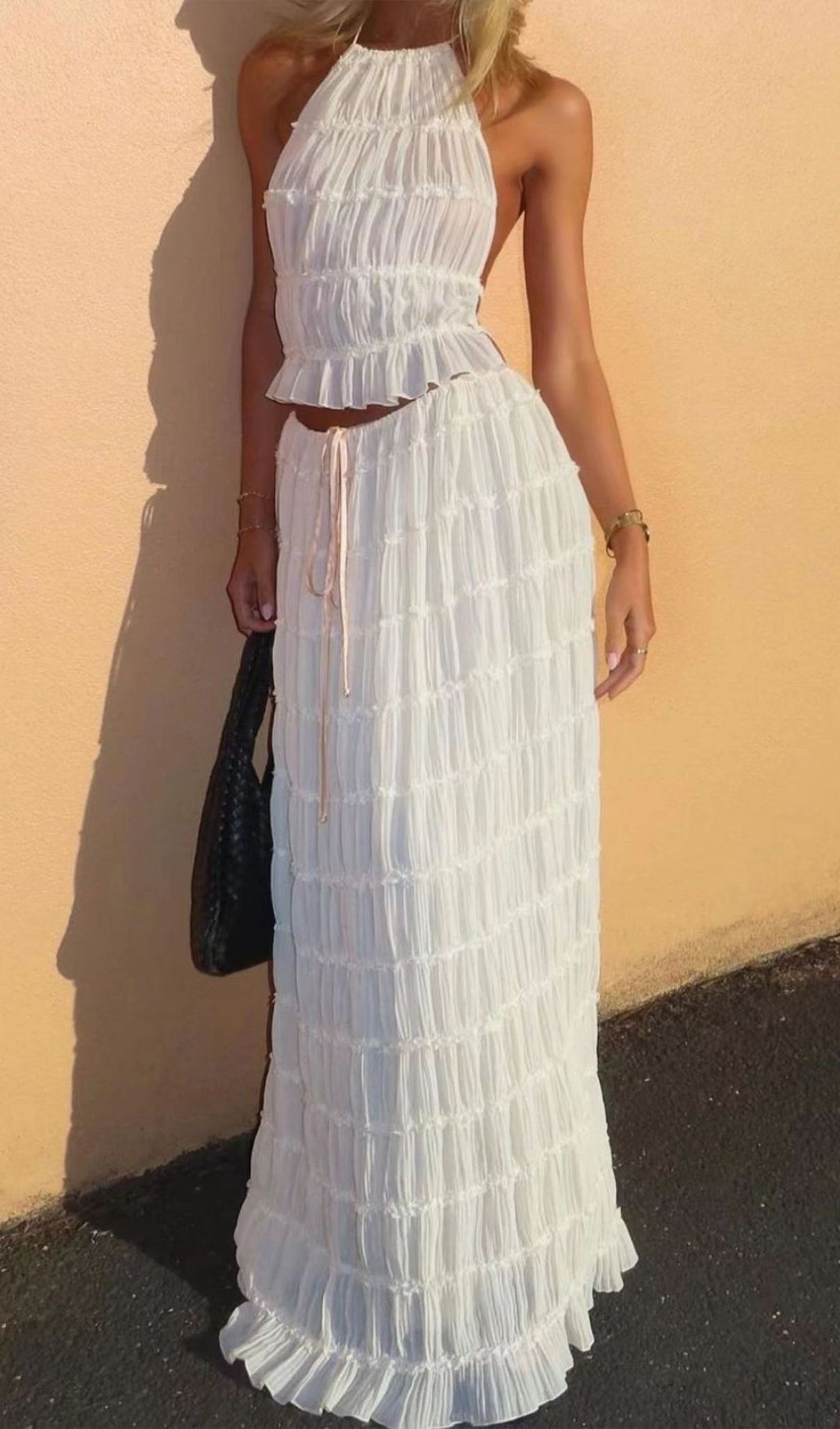 Halter Top & Ruched Detail Maxi Skirt Sets