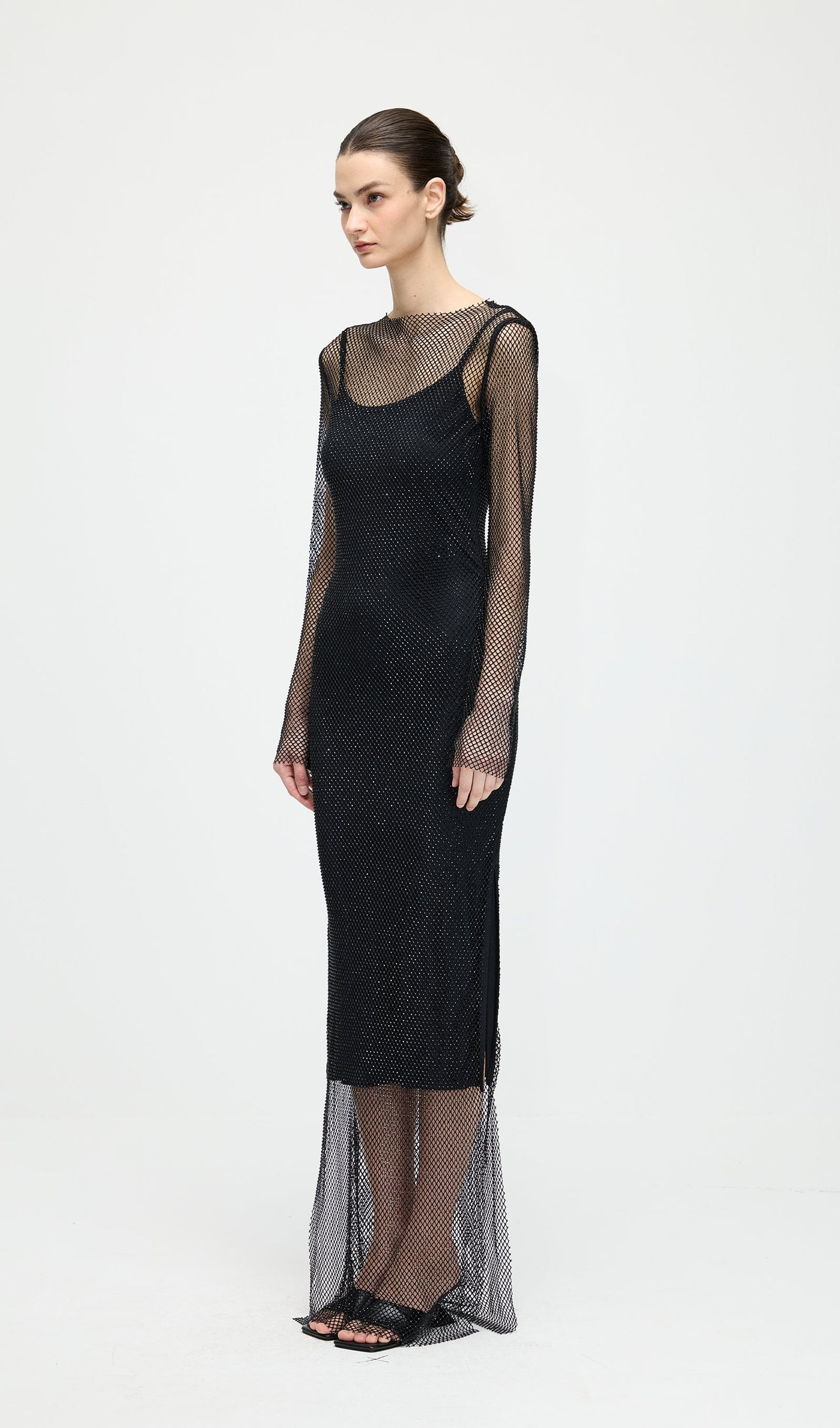 Mesh With Monochrome Maxi Dress In Black