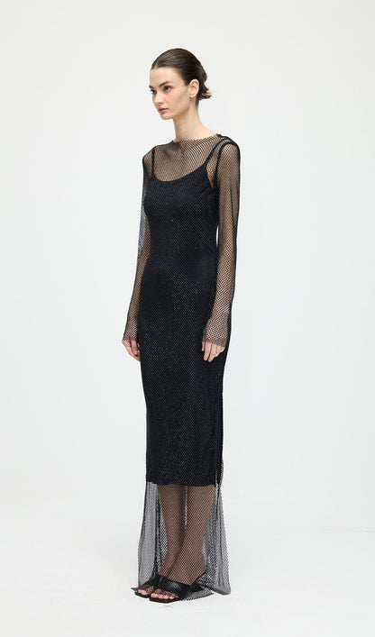 Mesh With Monochrome Maxi Dress In Black