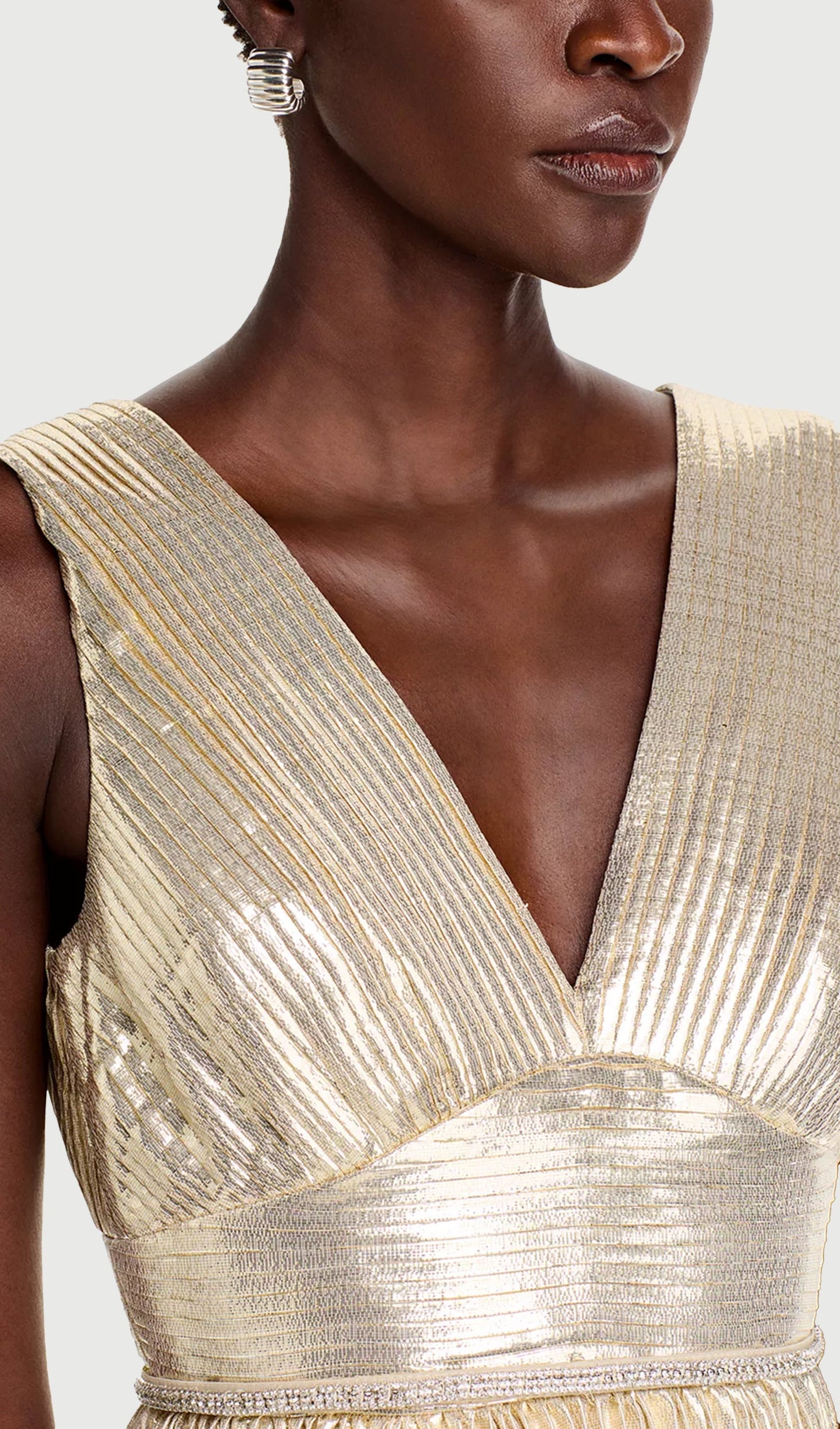Gold Metallic V Neck Maxi Dress