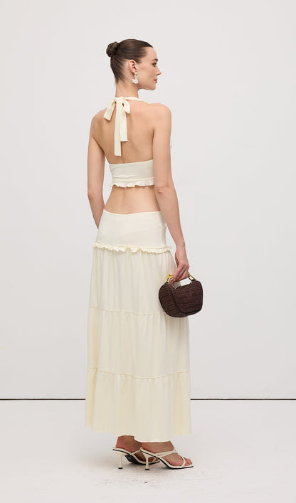 Halter Top & Twist Ruffled Maxi Skirt Sets White