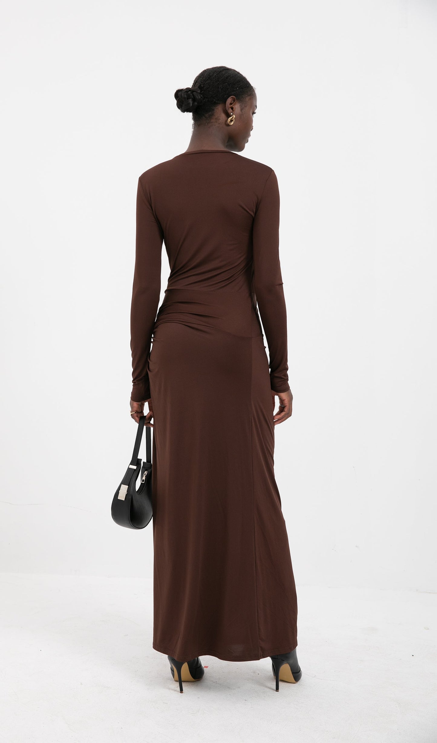 Trendy Draped Jersey Slit Maxi Dress-Brown