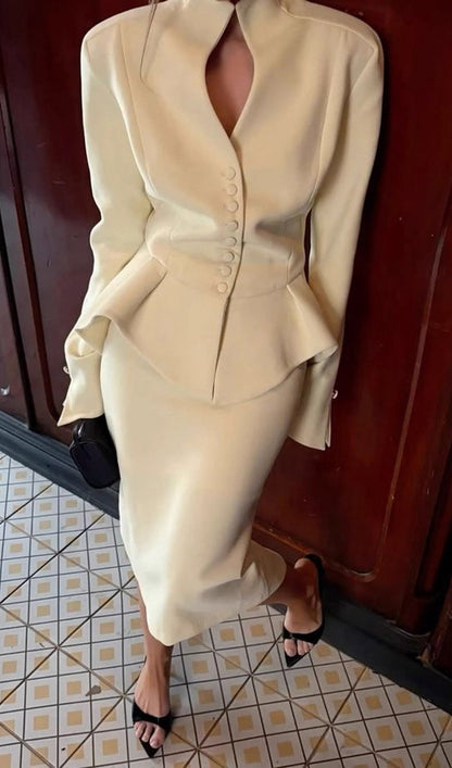 Solid Peplum Jacket & Slit Midi Skirt Set
