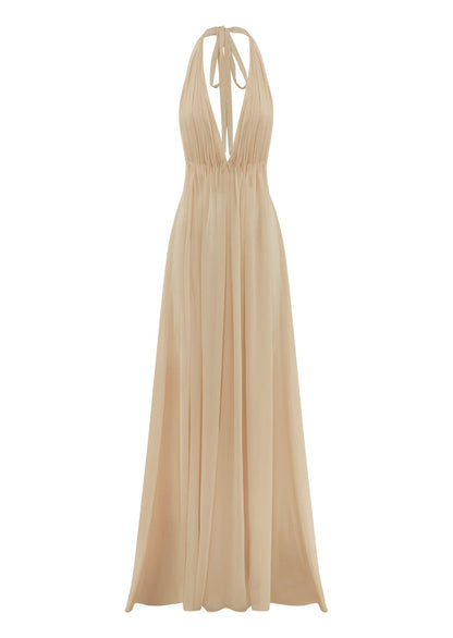 Backless Deep V Halter Neck Maxi Dress