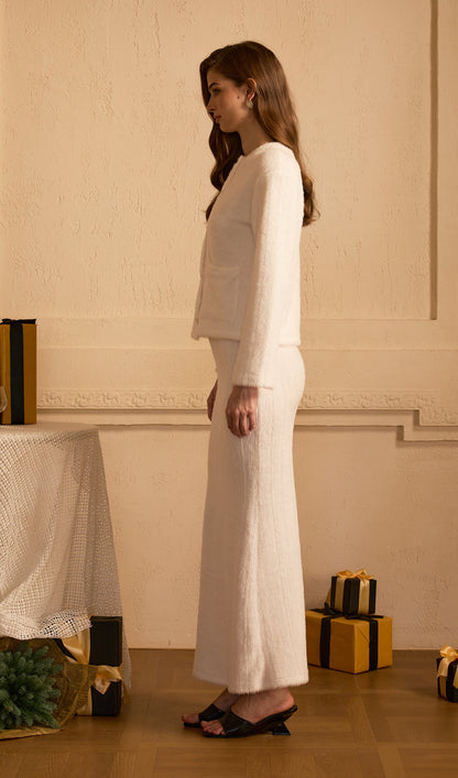 Fluffy Knitted Cardigan & Maxi Skirt Set White