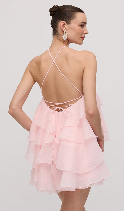 Halter Layered Mini Dress Pink