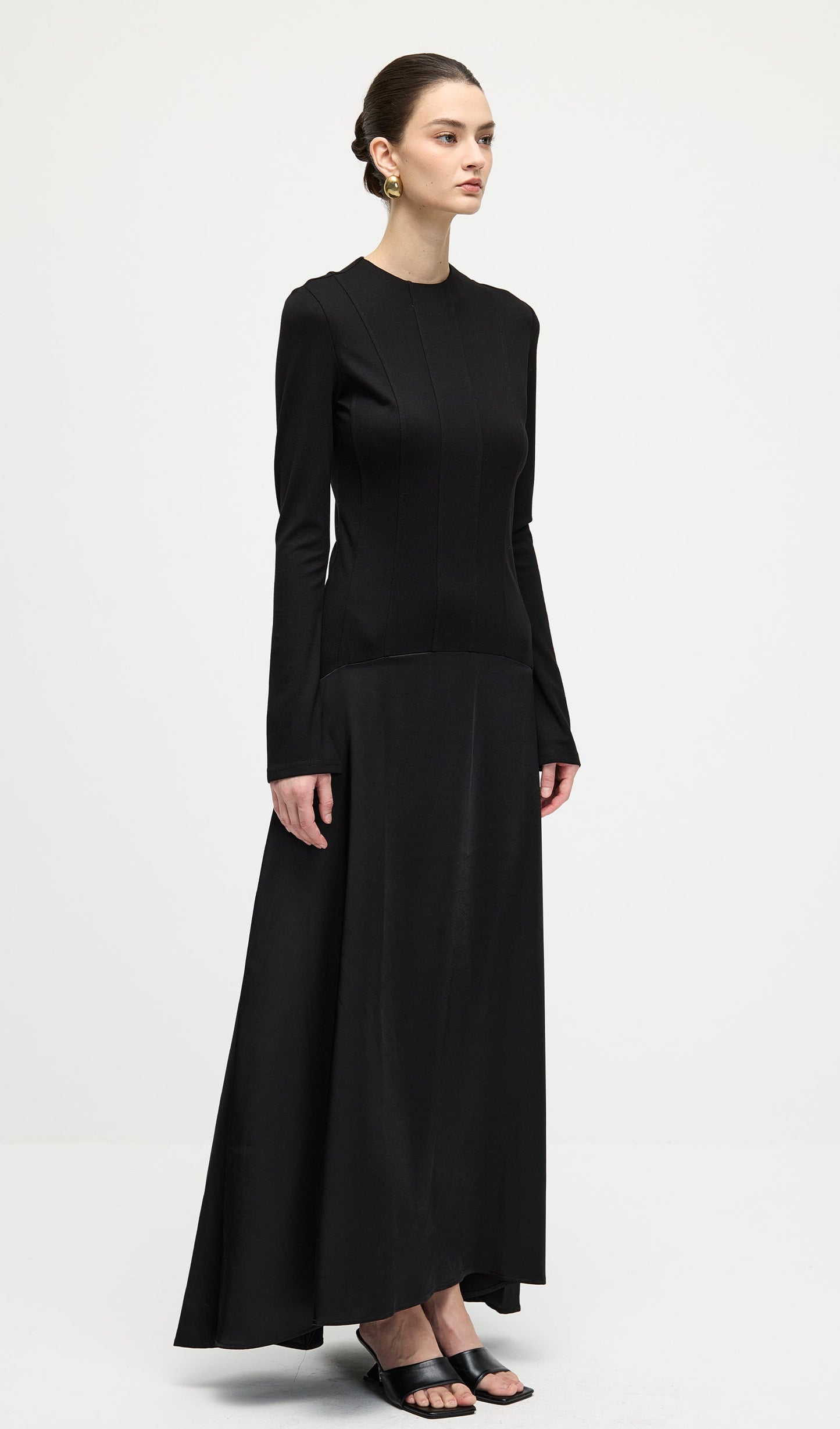 Knitted Satin Maxi Dress In Black