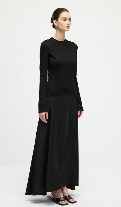 Knitted Satin Maxi Dress In Black