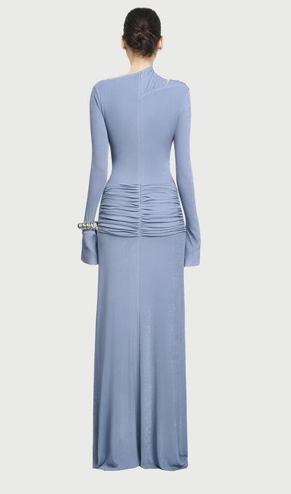 Asymmetrical Drapes Cut Out Maxi Dress In Blue