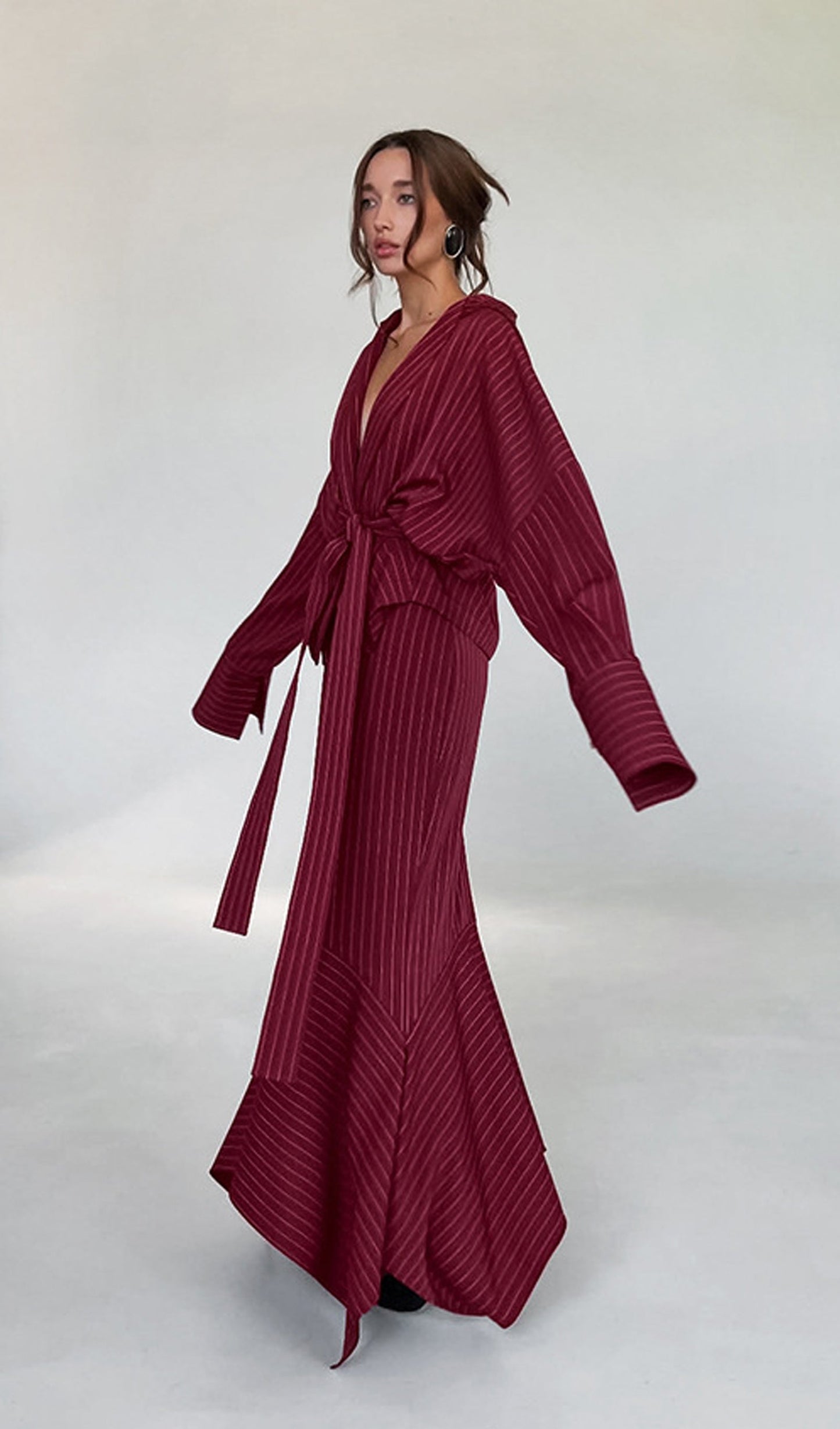 Striped Deep V Neck Tie-Up Maxi Skirt Two Piece Set