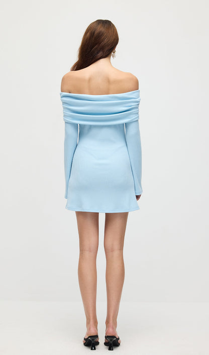 Off Shoulder Rib Knit Mini Dress In Baby Blue