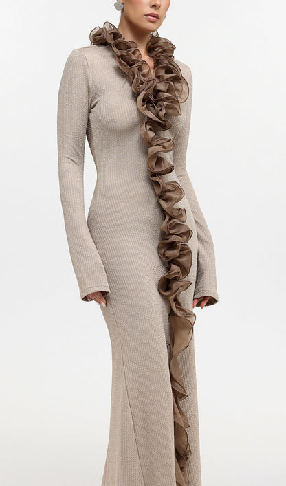 Contour Long Sleeve Ruffle Knit Maxi Dress