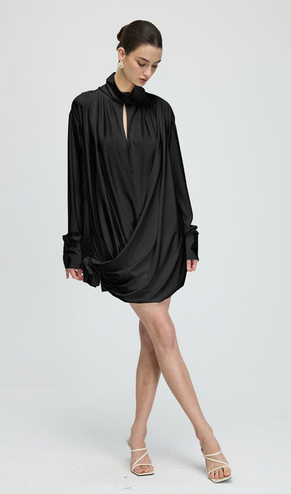 Flower Cut Out Mesh Ruched Mini Dress In Black