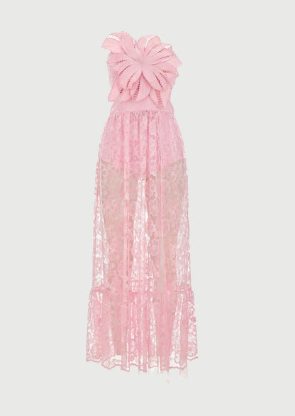 Embroidered Tulle Slit Maxi Dress In Pink