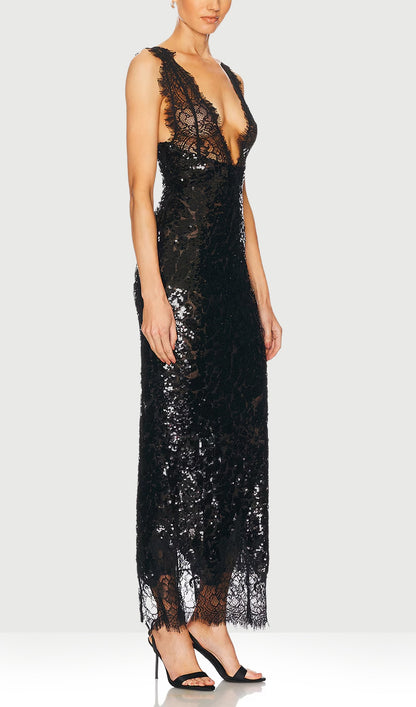 V Neck Lace-Trimmed Sequined Midi Dress Black