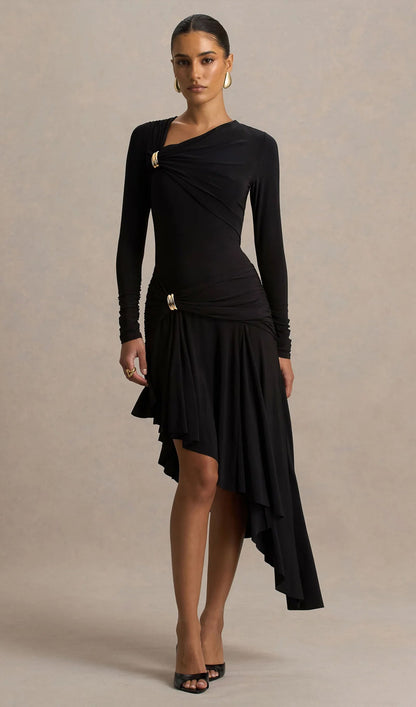 Asymmetric-Neck Midi Dress With Embellishment In Black