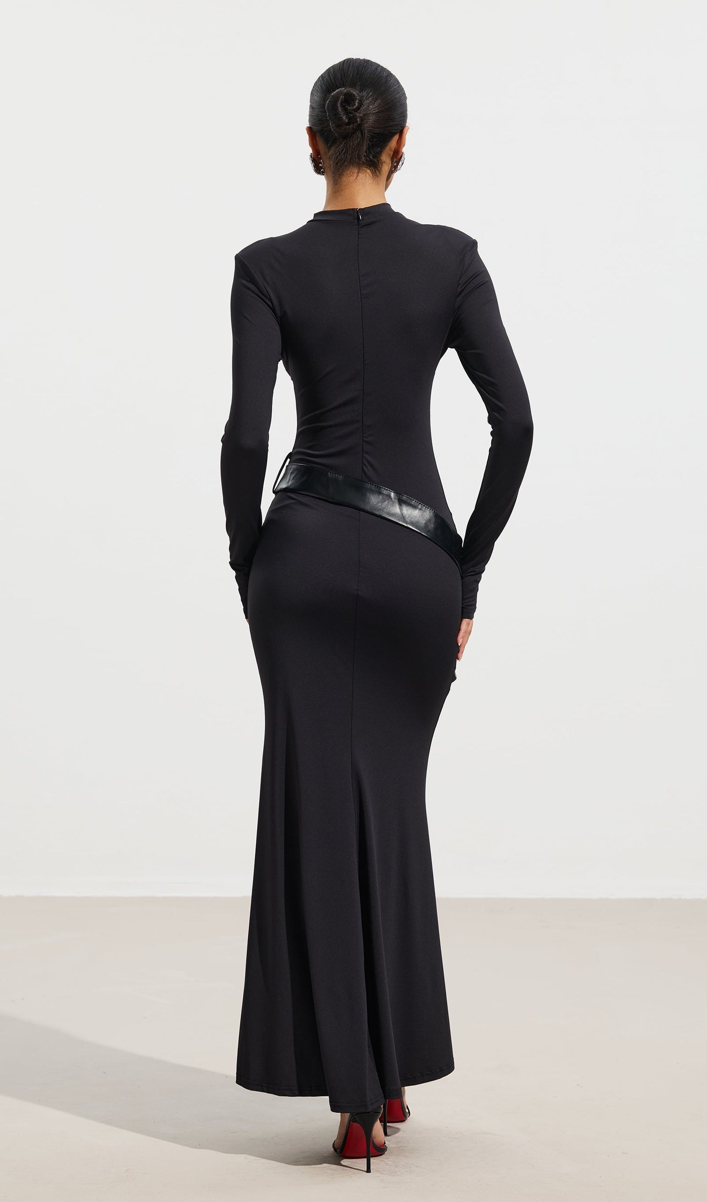 Sheer Patchwork Leather Lace-Up Maxi Dress