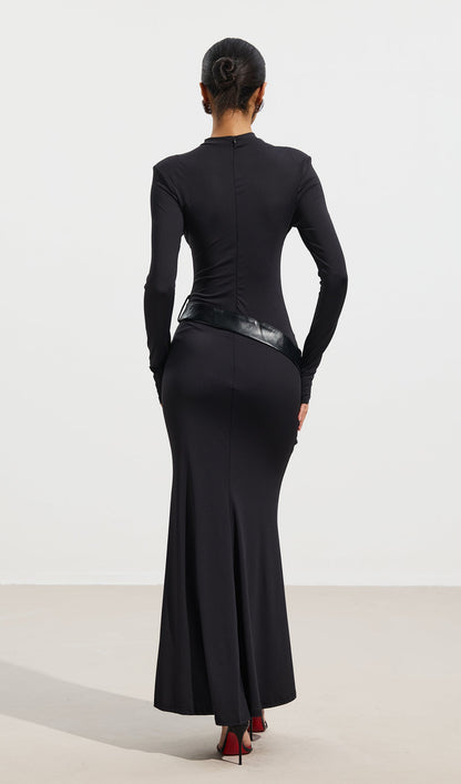 Sheer Patchwork Leather Lace-Up Maxi Dress