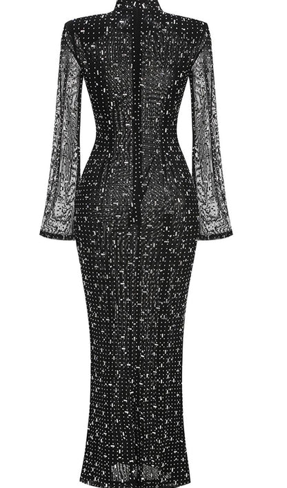 Trendy Rhinestone-Embellished Mesh Midi Dress