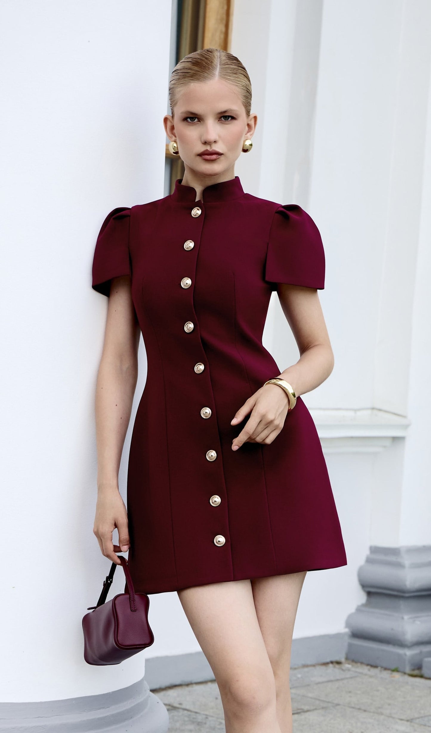 Mini Fitted Dress With Large Buttons In Claret