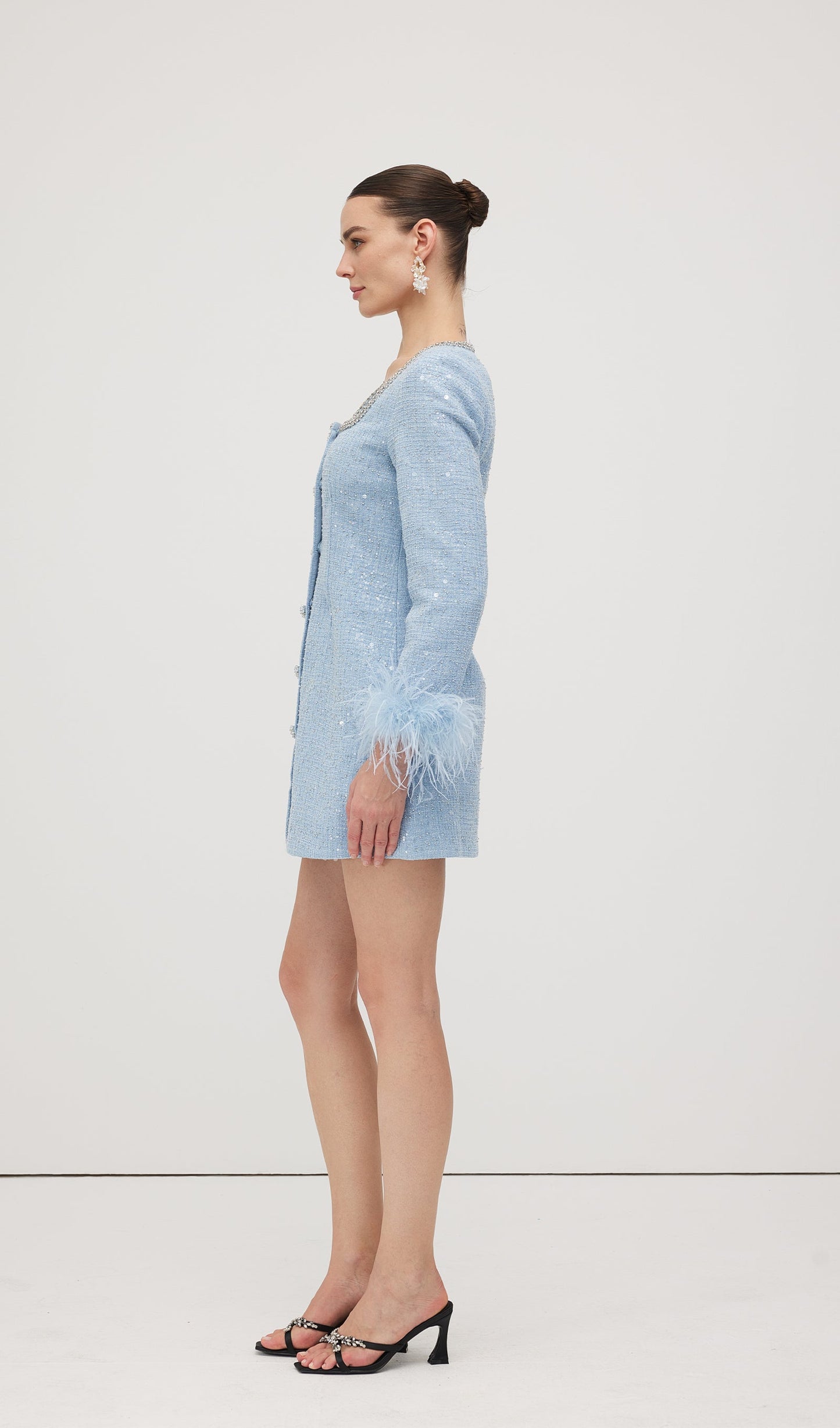 Sequin Boucle Feather Mini Dress