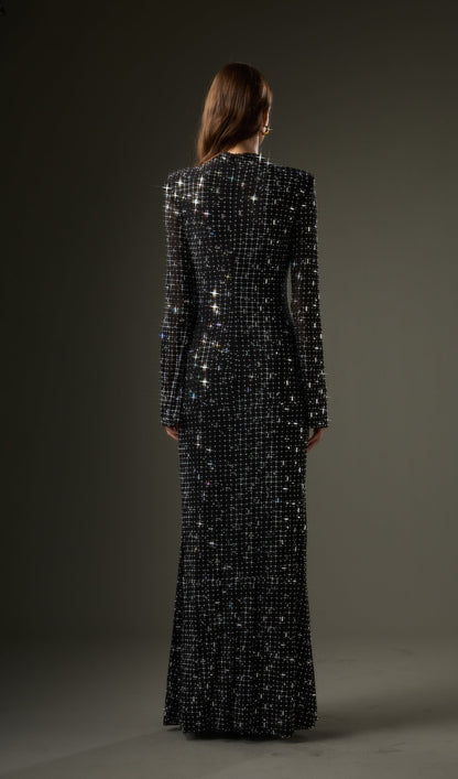 Rhinestone-Embellished Mesh Maxi Dress