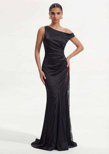 One Shoulder Lace Satin Maxi Dress