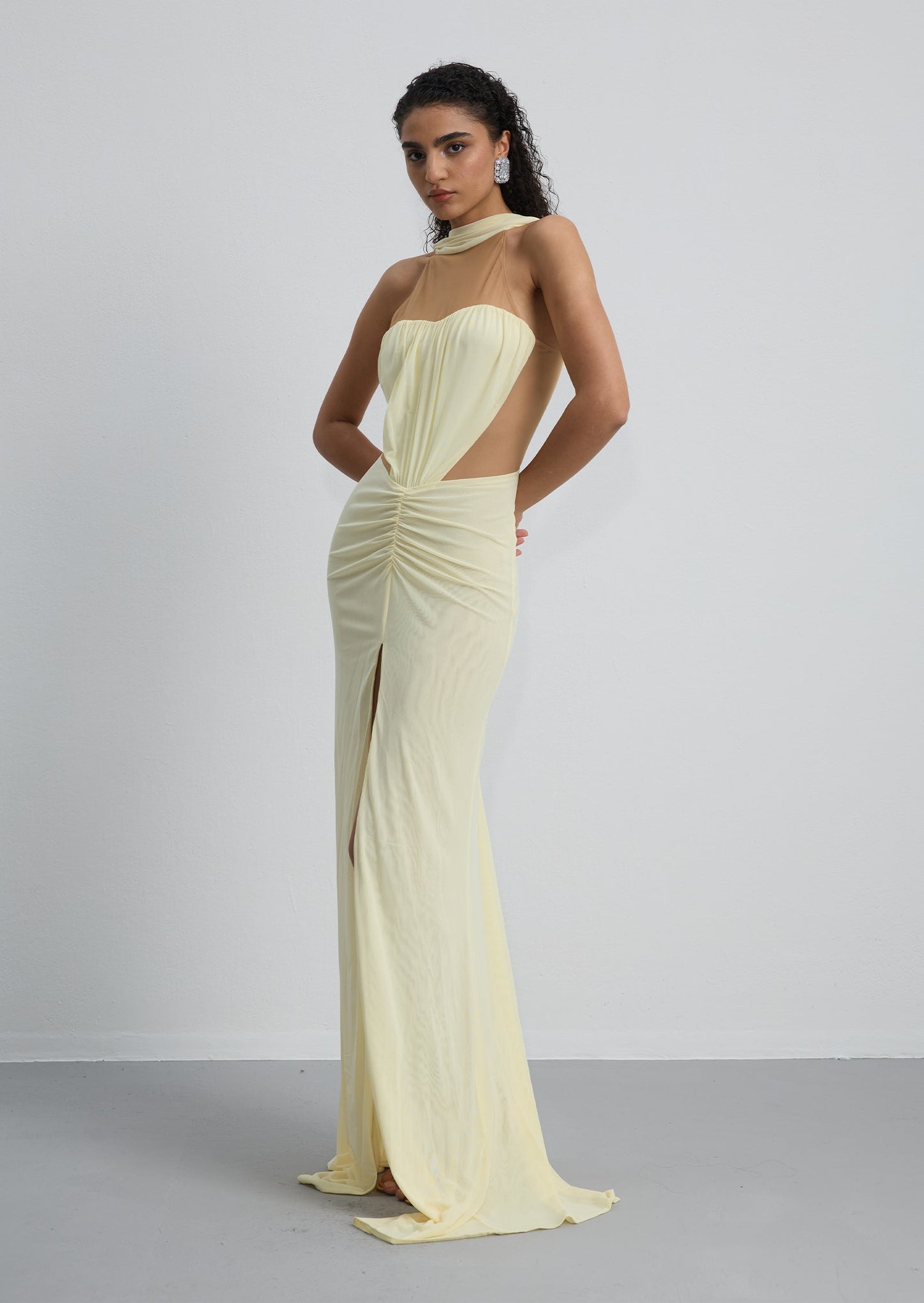 Ruched Halter Neck Slit Gown