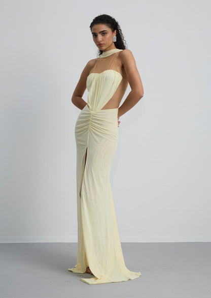 Ruched Halter Neck Slit Gown