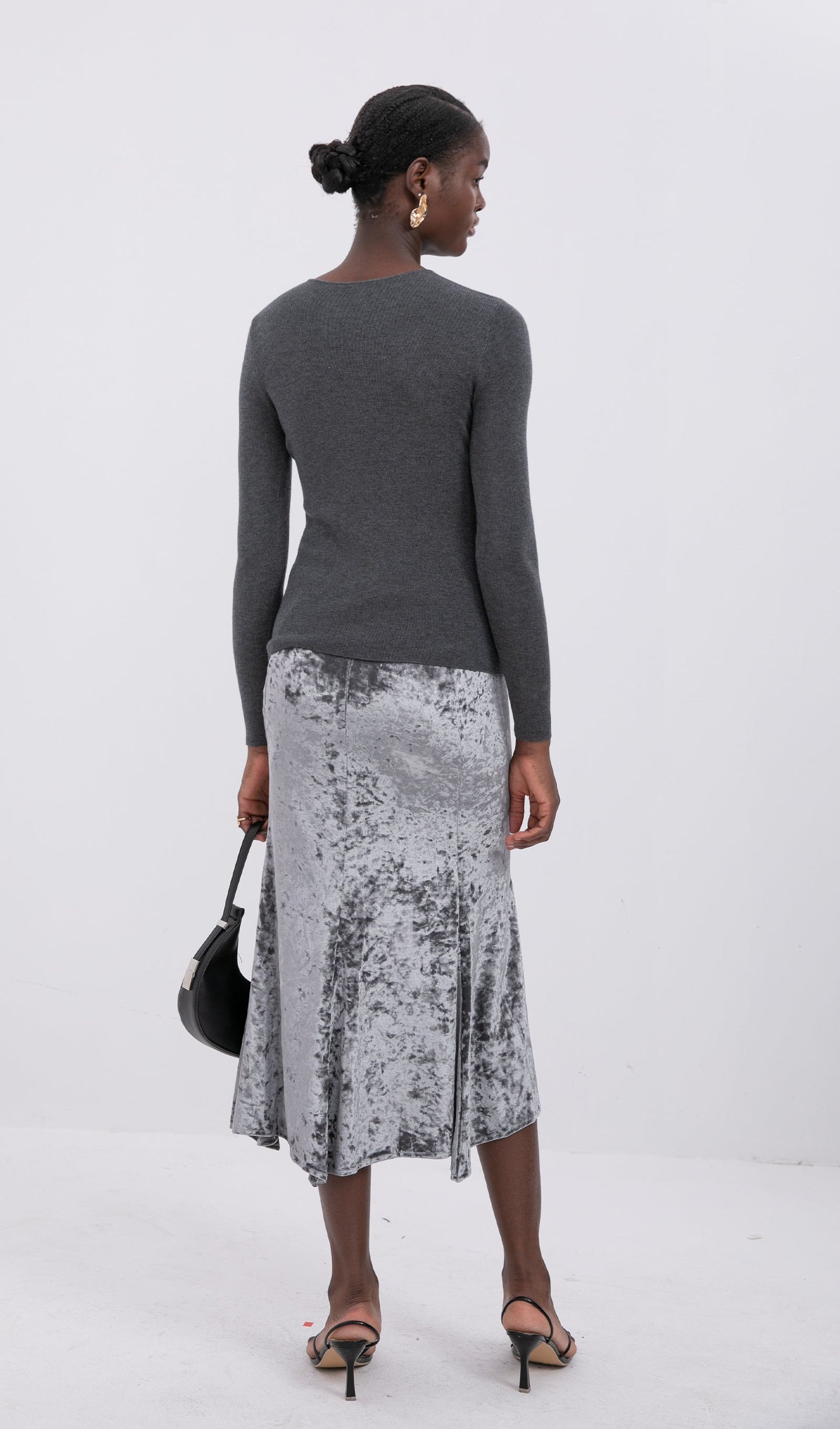 Trendy High Waist Velvet Midi Skirt-Silver