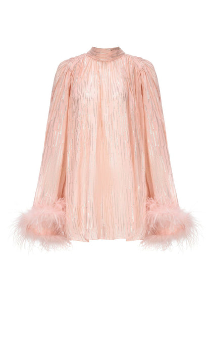 Feather Top & Leather Mini Skirt In Pink