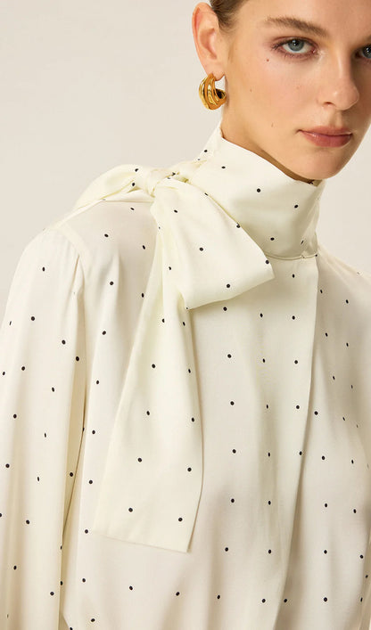 Polka Dot Satin High-Neck Blouse