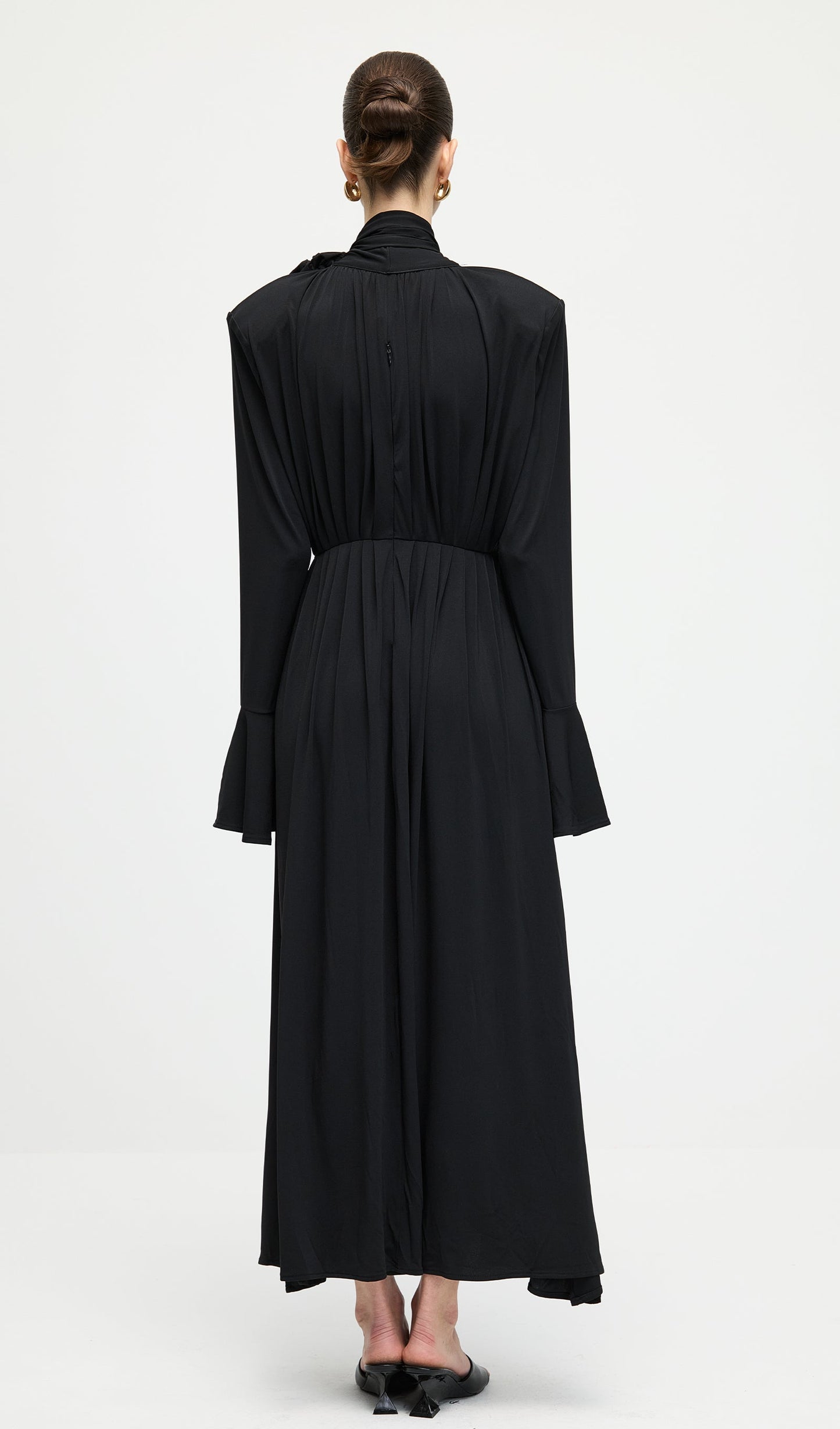 Flower V-Neck Pleated Slit Maxi Dress In Black