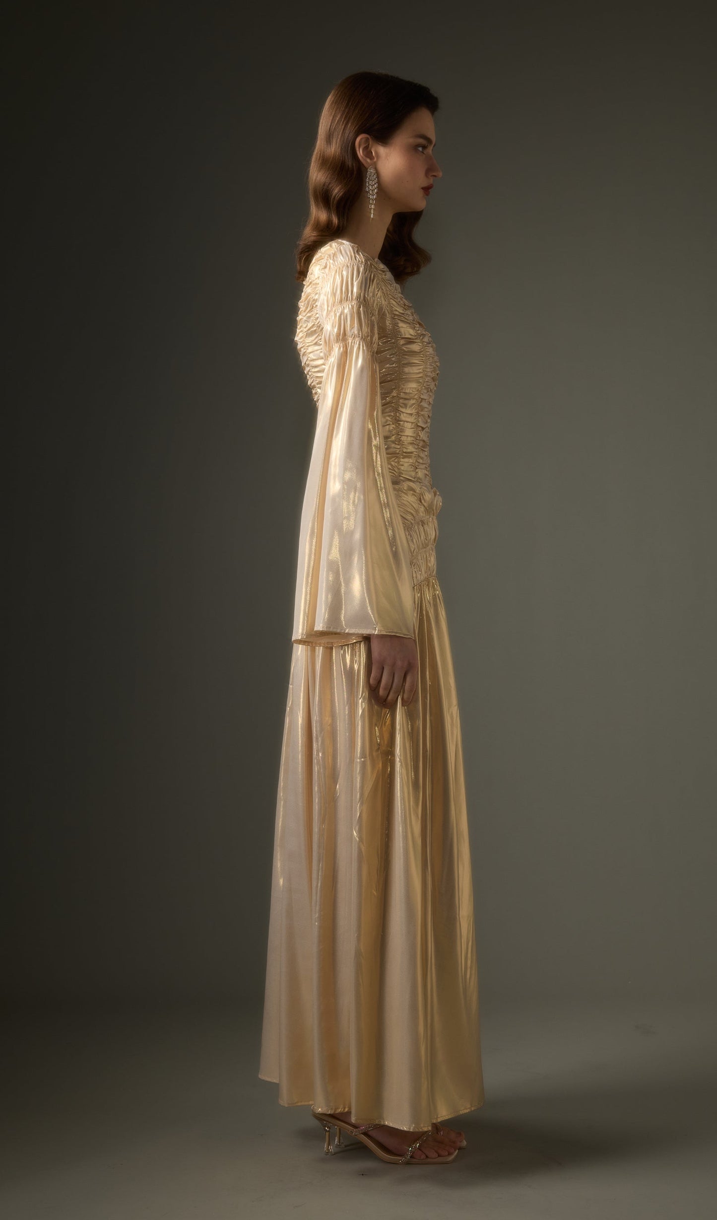 Solid Metallic Elasticated Gathers Maxi Dress