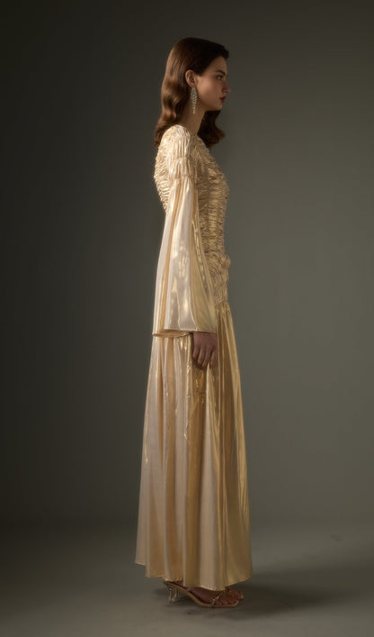 Solid Metallic Elasticated Gathers Maxi Dress