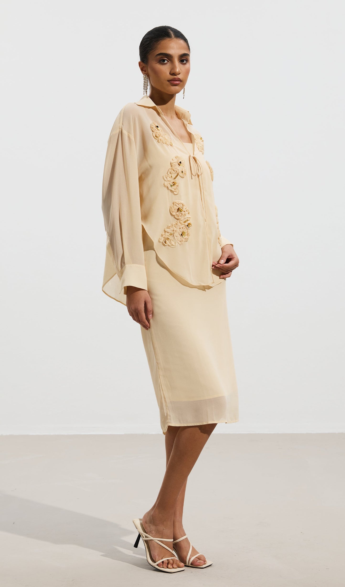 Embroidered Sequined Flower Shirt & Skirt Set