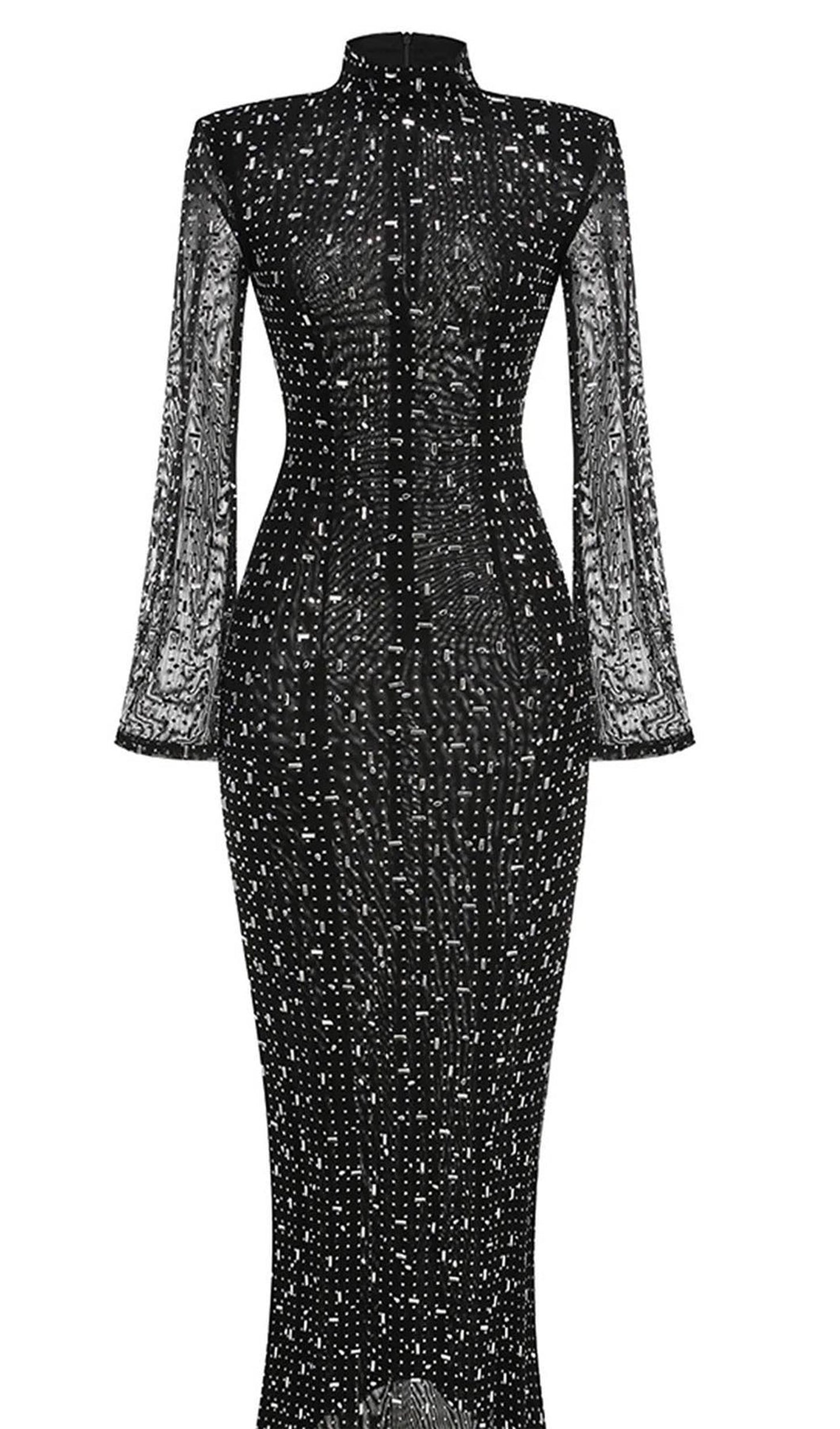 Rhinestone-Embellished Mesh Midi Dress