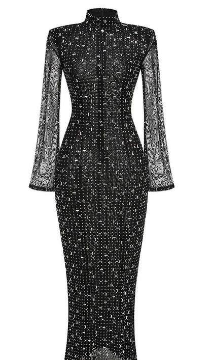 Rhinestone-Embellished Mesh Midi Dress