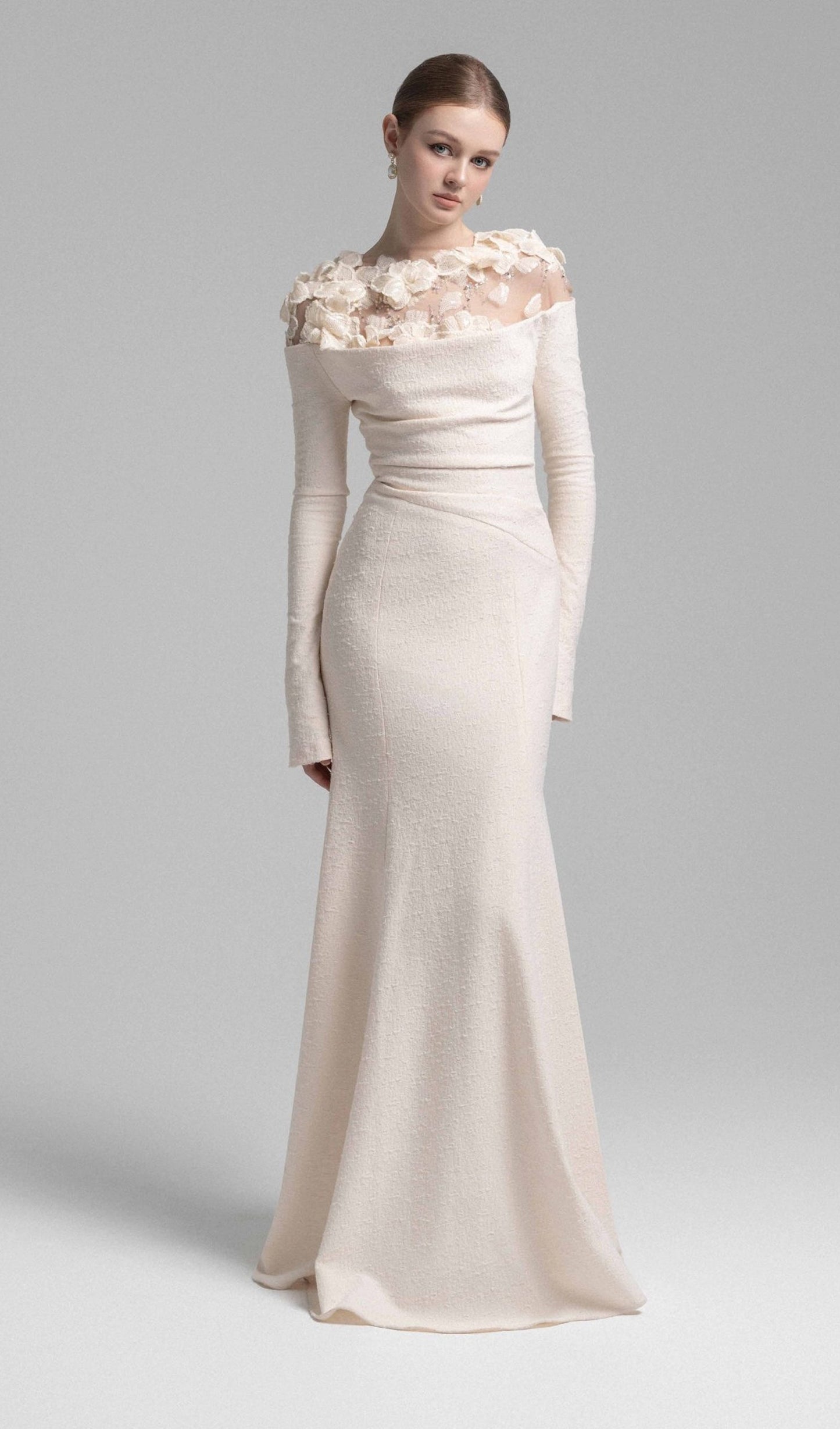 Draped Crystal Midi Dress In Cream