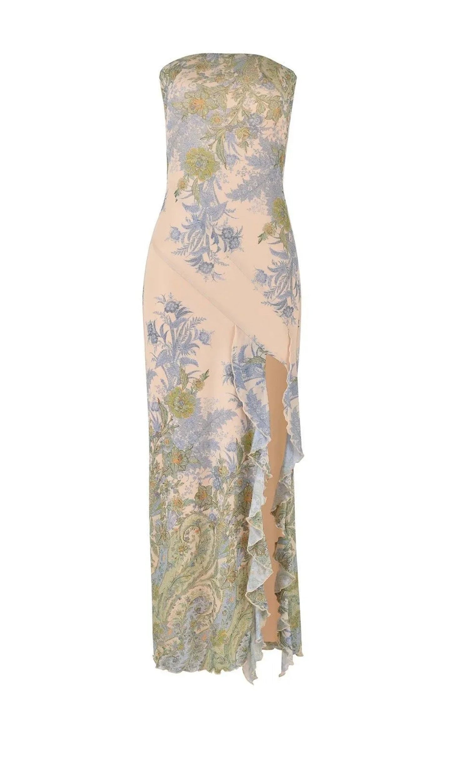 Printed Strapless Slit Midi Dress