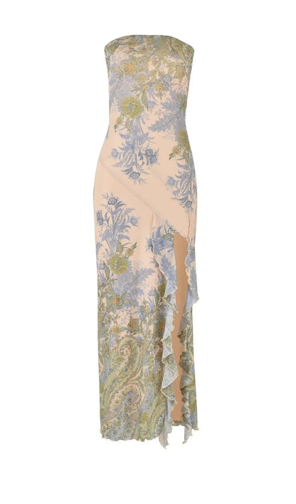 Printed Strapless Slit Midi Dress