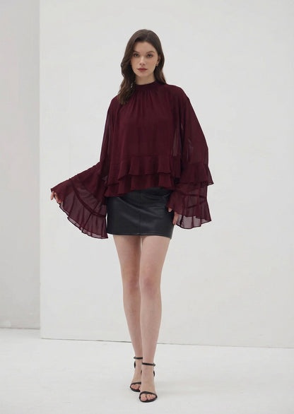 Sofie Ruffle Blouse In Burgundy