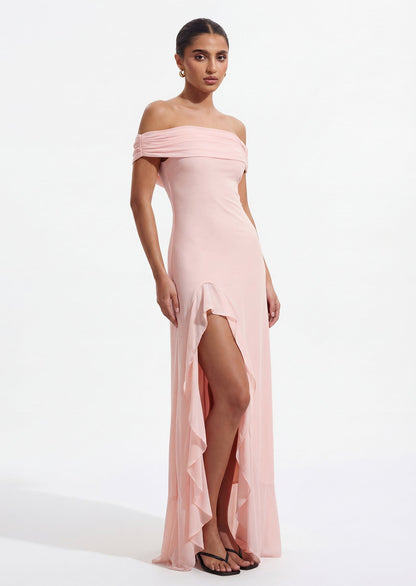 Off Shoulder Mesh Maxi Dress In Pale Pink