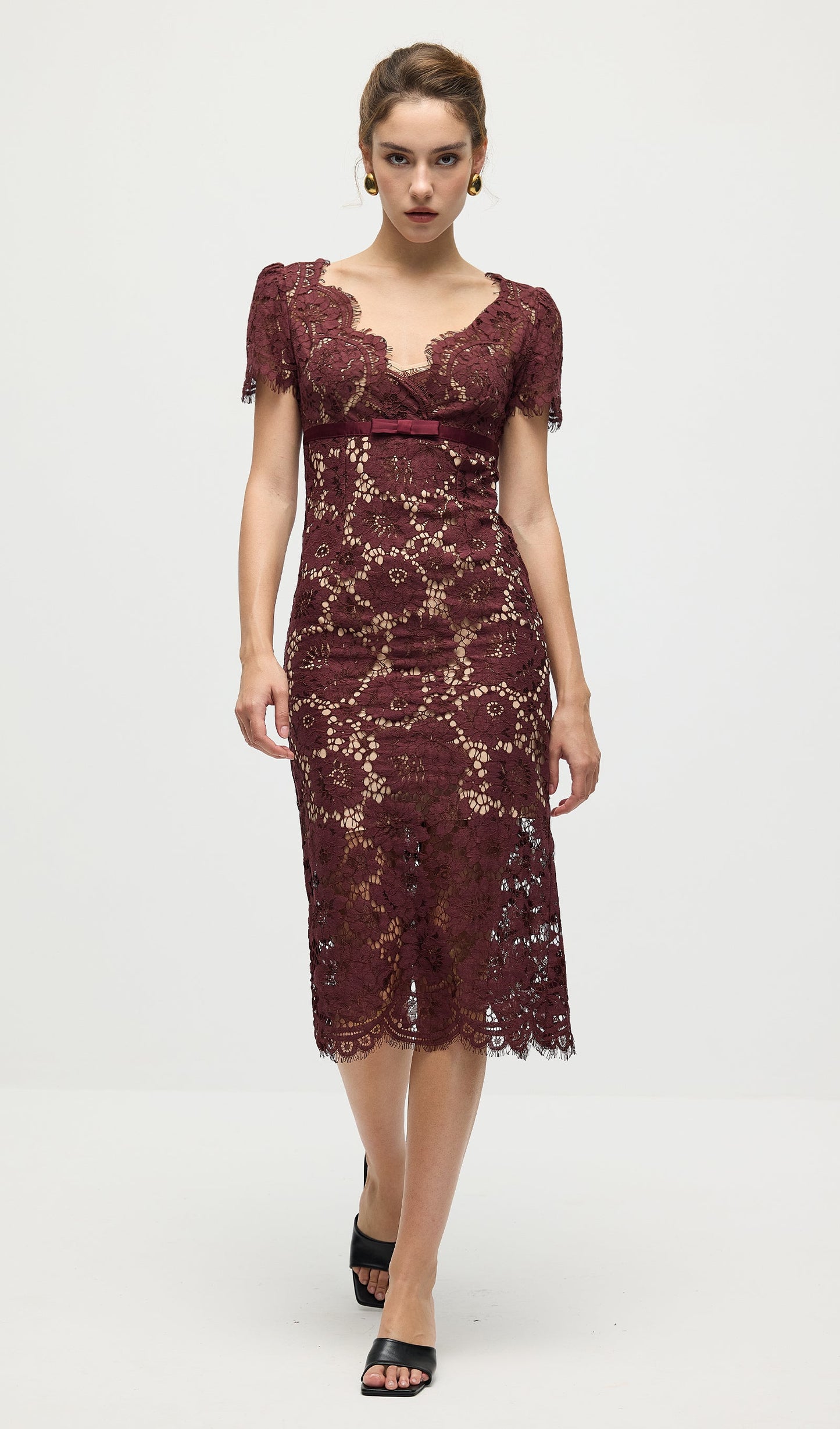 Burgundy Floral Lace Midi Dress