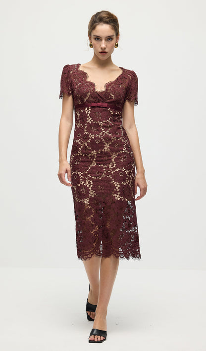 Burgundy Floral Lace Midi Dress