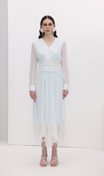 V Neck Bodice Mesh Midi Skirt Sets