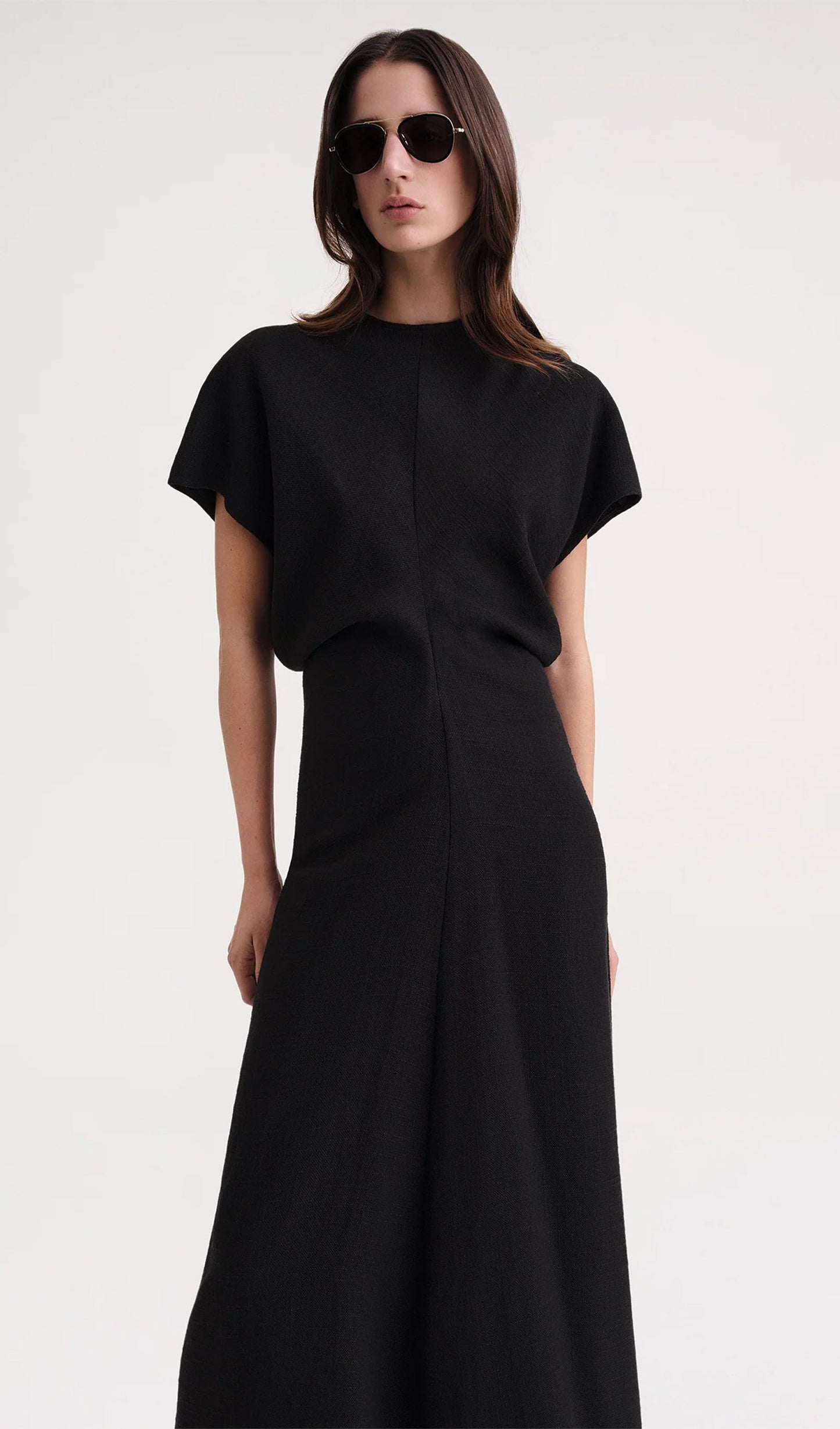 Slouch Waist Satin Midi Dress-Black