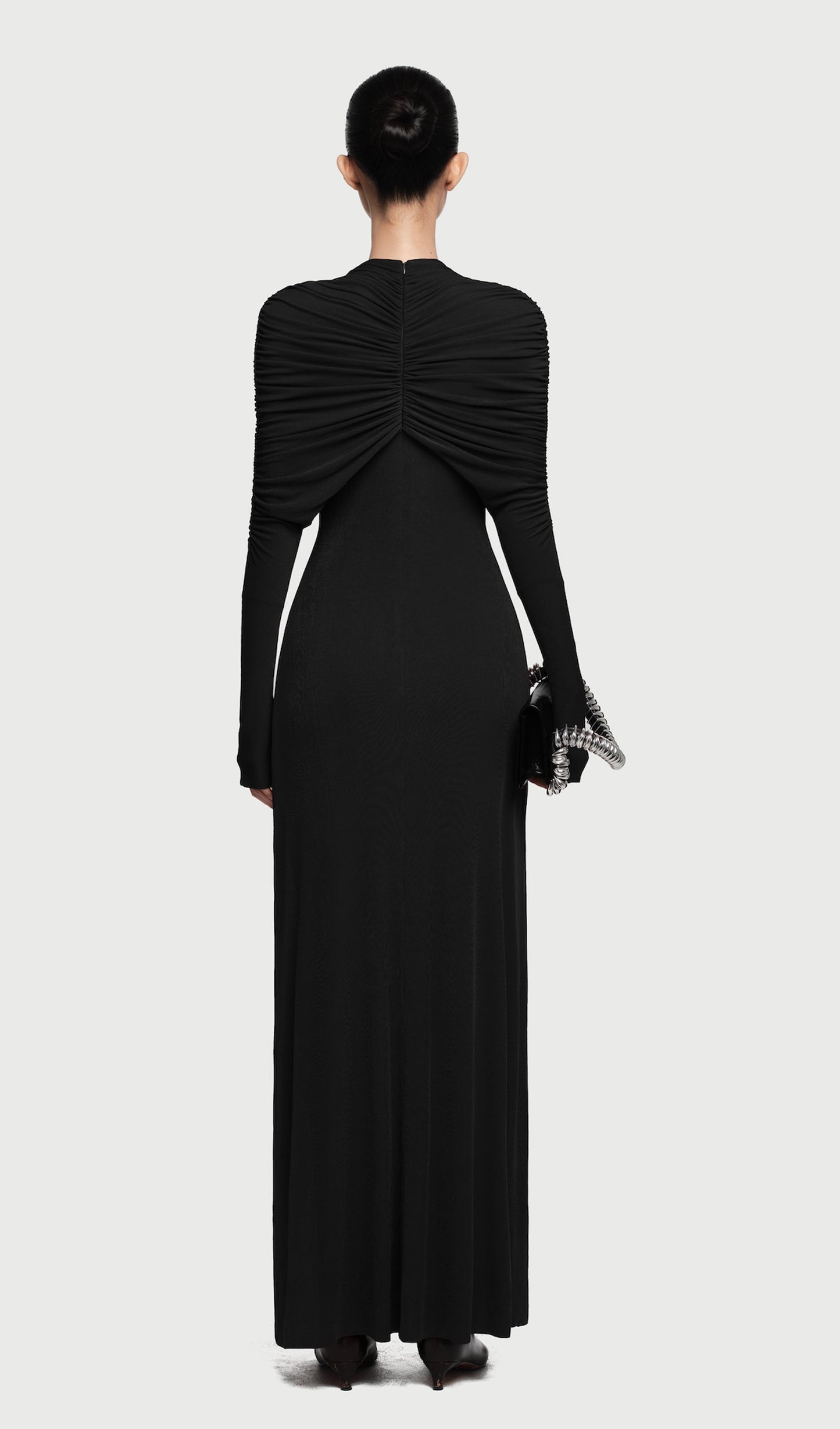 Asymmetrical Form Fitting Maxi Dress In Black